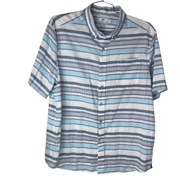 Southern Tide Button Down Shirt Linen Short Slv Green Blue White‎ Men's Size XL - Picture 1 of 8